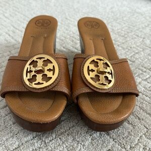 Tory Burch Brown Mules with Gold Accent